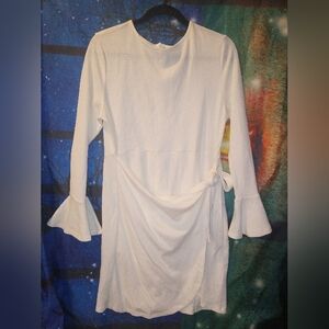 White Textured Dress with Bell Sleeves